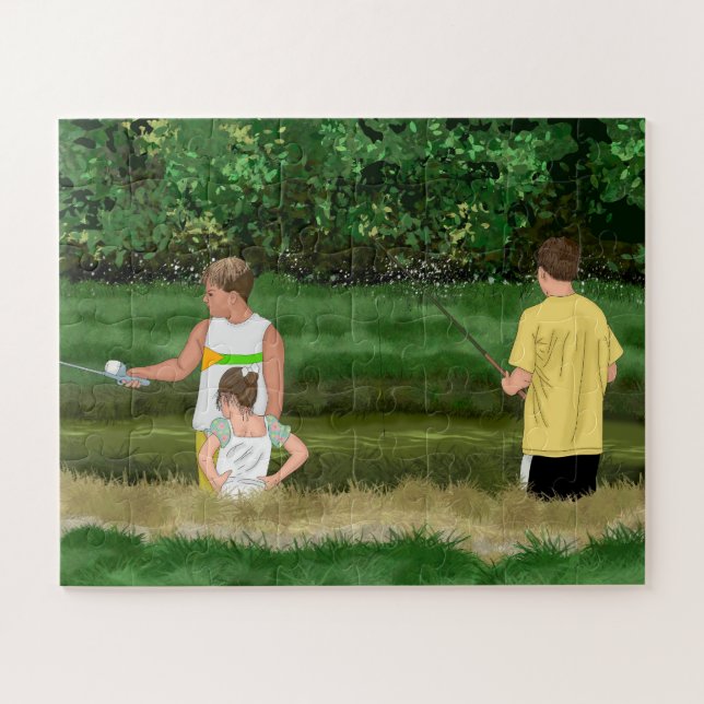 Kids Fishing at the Local Pond Jigsaw Puzzle (Horizontal)
