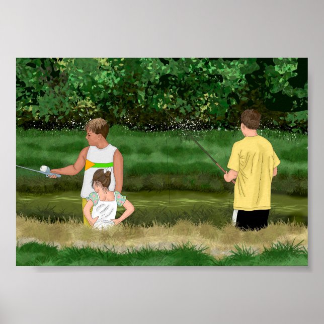 Kids Fishing at the Local Pond Poster (Front)