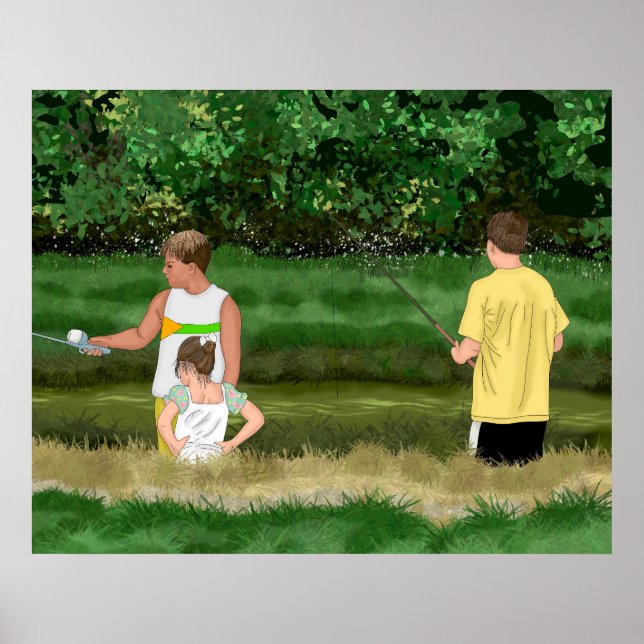 Kids Fishing at the Local Pond Poster (Front)