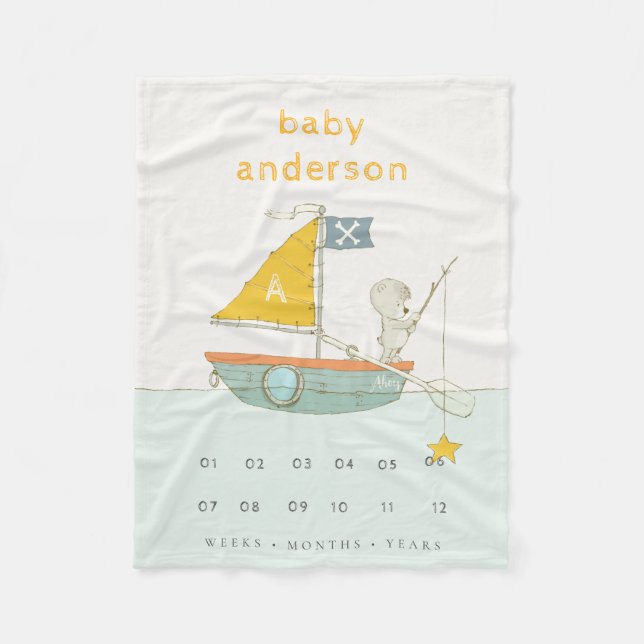 Kids Fishing Bear Sailboat Monogram Baby Milestone Fleece Blanket (Front)