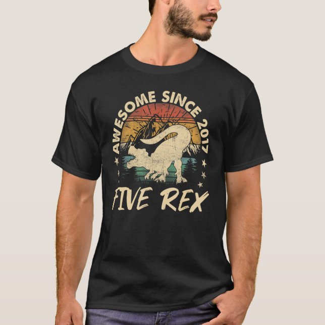Kids Five Rex 5th Birthday Dinosaur Awesome Since  T-Shirt (Front)