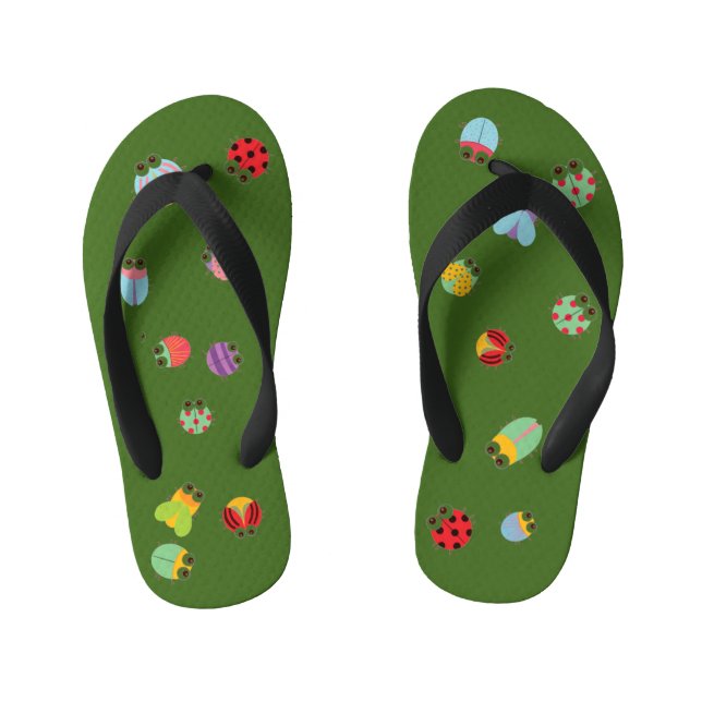 Kids Flip Flops - Bugs Burnt Green (Footbed)