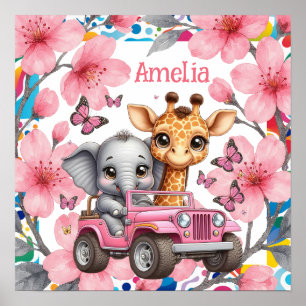  Kids Floral Baby Jungle Animals & Name Nursery  Poster