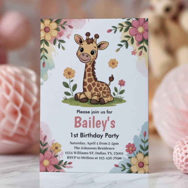 Kids Floral Giraffe Jungle 1st Birthday Party Invitation (Creator Uploaded)
