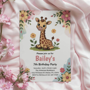 Kids Floral Giraffe Jungle Birthday Party Invitation