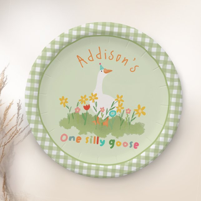 Kids Floral Green One Silly Goose 1st Birthday Paper Plate (Creator Uploaded)