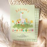 Kids Floral Green One Silly Goose First Birthday Invitation<br><div class="desc">This cute and fun kids 1st birthday invitation design features one silly goose with a party hat in a field of flowers, and can be personalised with all the information you need for your child's first party in cute and colourful typography. The invite also features a matching green gingham pattern...</div>