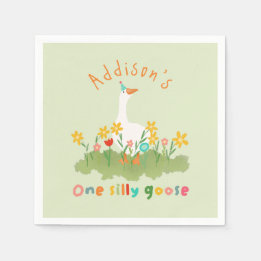 Kids Floral Green One Silly Goose First Birthday Napkin