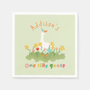 Kids Floral Green One Silly Goose First Birthday Napkin