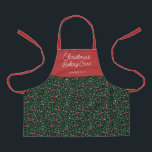 Kids Floral Pattern Christmas Baking Crew | Name  Apron<br><div class="desc">This beautiful Christmas apron features a hand drawn floral and greenery pattern in classic, traditional Christmas colours of red, green, and ivory over a dark green background. Simple, script typography reads, "Christmas Baking Crew, " and a text template is included for personalisation! Adult sizes (separate product) are available, as well,...</div>