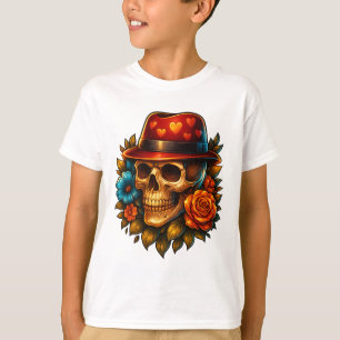 Kids Floral Skull with Heart Hat T-Shirt 