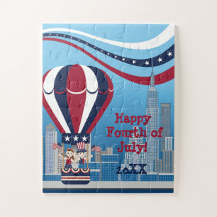 Kids flying in on USA patriotic hot air balloon Jigsaw Puzzle