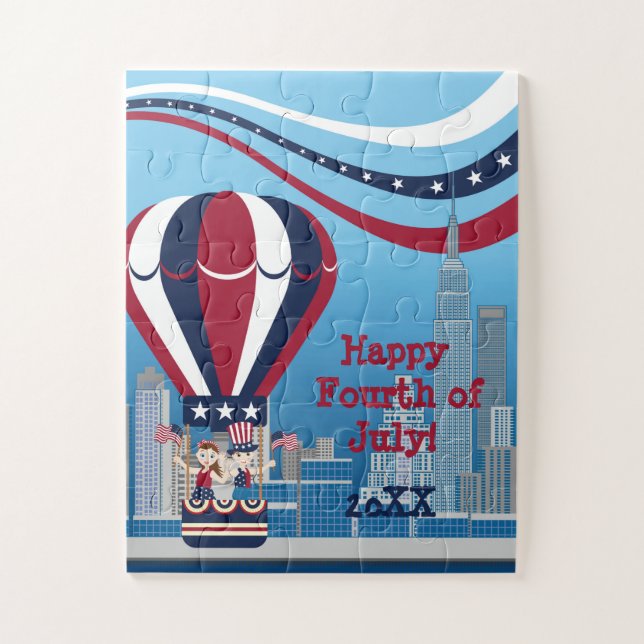 Kids flying in on USA patriotic hot air balloon Jigsaw Puzzle (Vertical)