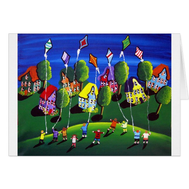 Kids Flying Kites Folk Art (Front Horizontal)