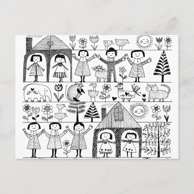 Kid's Folk Art Drawing of Children and Animals Postcard (Front)