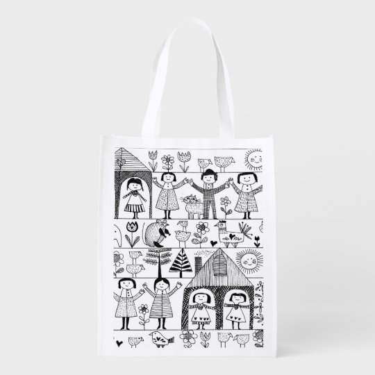 Kid S Folk Art Drawing Of Children And Animals Reusable Grocery
