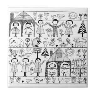 Kid's Folk Art Drawing of Children and Animals Tile