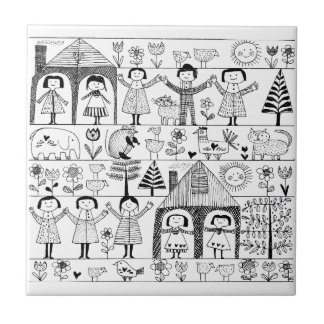 Kid's Folk Art Drawing of Children and Animals Tile