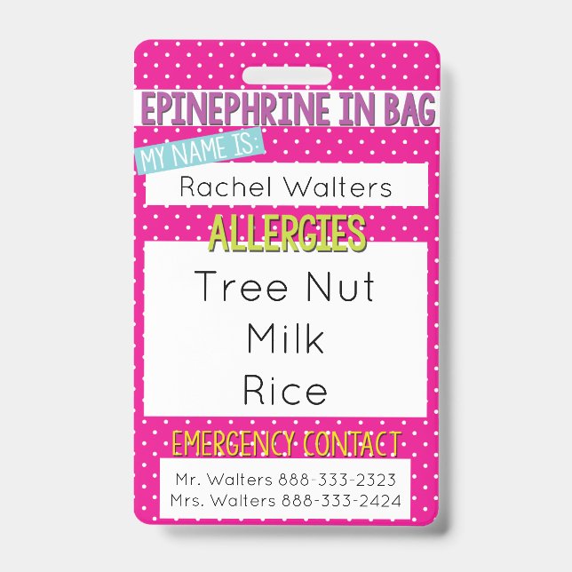 Kids Food Allergy Medical Allergy Alert ID Badge (Front)