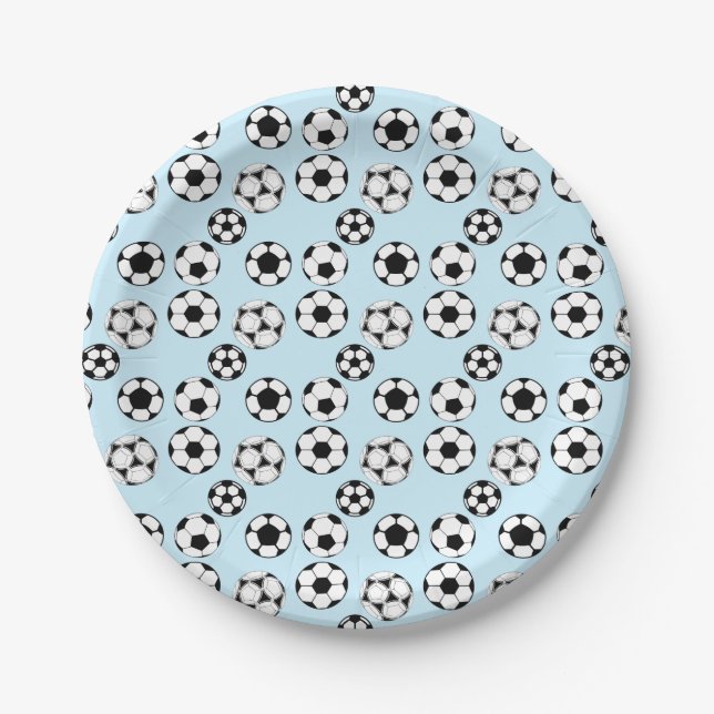 Kids football theme party soccer balls blue paper plate (Front)