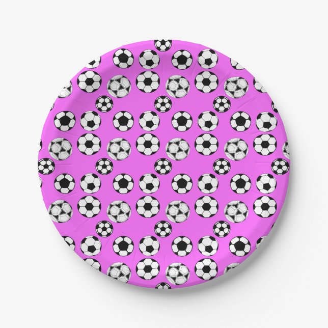 Kids football theme party soccer balls hot pink paper plate (Front)