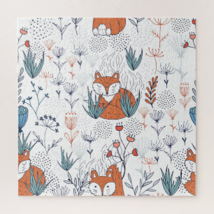Kid's forest illustration, foxes and flowers. jigsaw puzzle