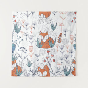 Kid's forest illustration, foxes and flowers. tapestry