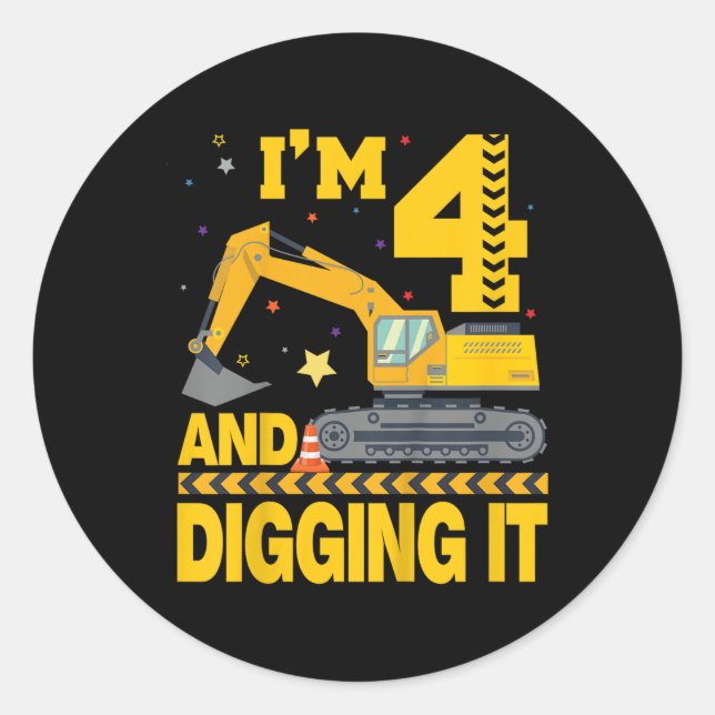 Kids Four 4yr 4th Birthday Excavator 4 Year Old Bo Classic Round Sticker (Front)