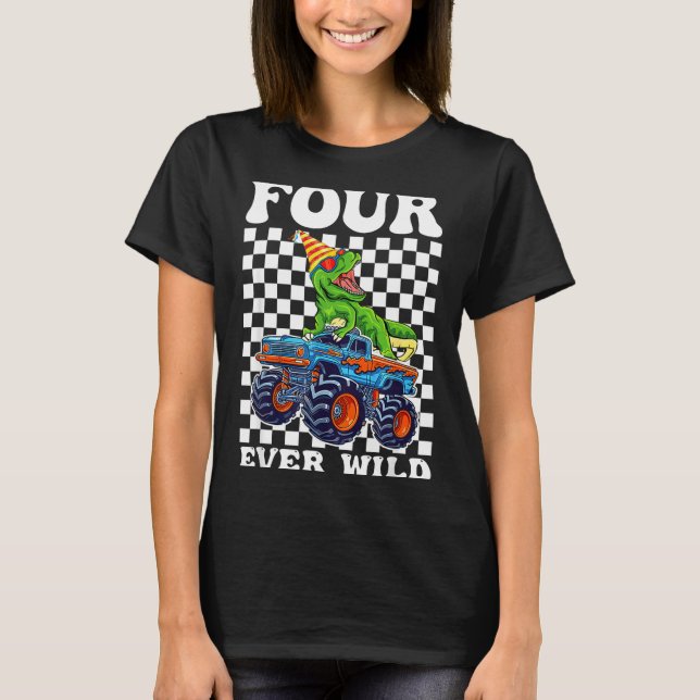 Kids Four Ever Wild Dinosaur Monster Truck 4th Bir T-Shirt (Front)