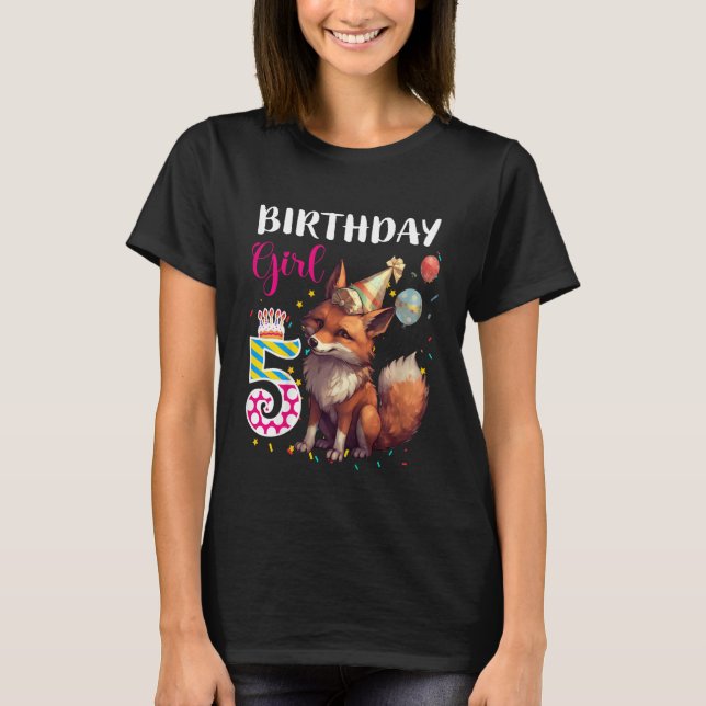 Kids Fox Animal  5th Birthday Girl Fox B day 5 yea T-Shirt (Front)