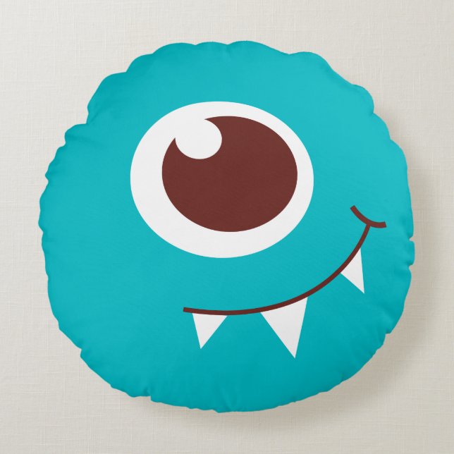 Kids friendly one eyed alien aqua blue round cushion (Front)