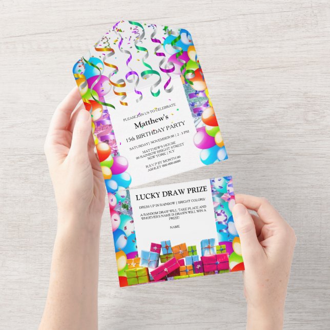 Kids fun balloon streamers party celebration  all in one invitation (Tearaway)