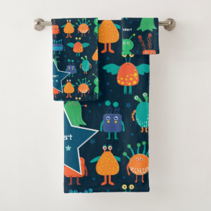 Kids Fun Colourful Alien Pattern on Blue Bathroom Bath Towel Set