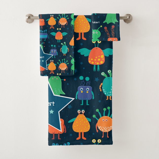 Kids Fun Colourful Alien Pattern on Blue Bathroom Bath Towel Set (Insitu)