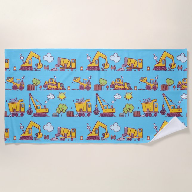 Kids Fun Construction Site & Vehicles Beach Towel (Front)