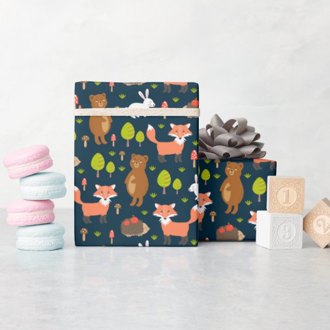Kids Fun Forest Animals Bunny Rabbit Fox Bear Wrapping Paper (Baby Shower)