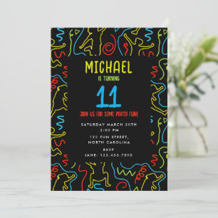 Kids Fun Jump Play Outline Neon Black Birthday Invitation