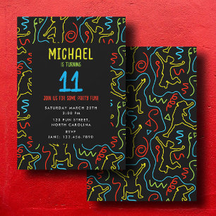 Kids Fun Jump Play Outline Neon Black Birthday Invitation