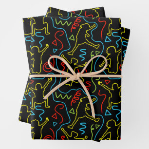 Kids Fun Jump Play Outline Neon Black Pattern Wrapping Paper Sheet