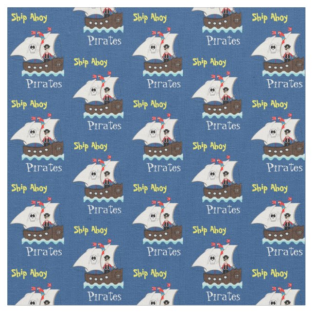 Kids Fun Pirate Ship Themed Whimsy Print Fabric (Close Up)