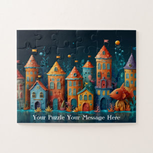 Kids fun underwater town puzzle of little fish