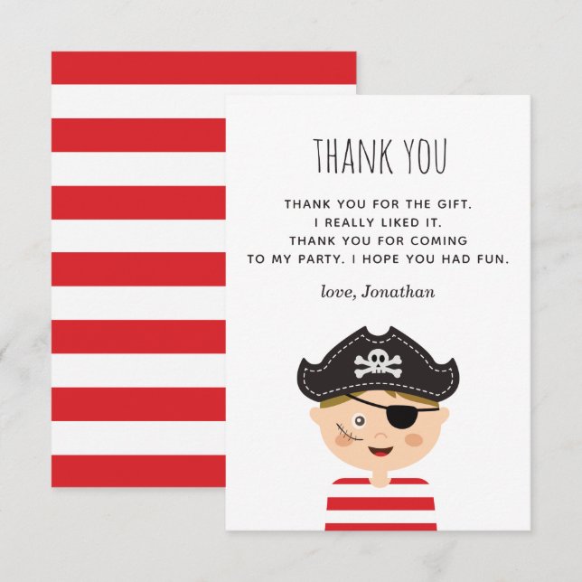 Kids funny pirate party. Baby boy red birthday Tha Thank You Card (Front/Back)