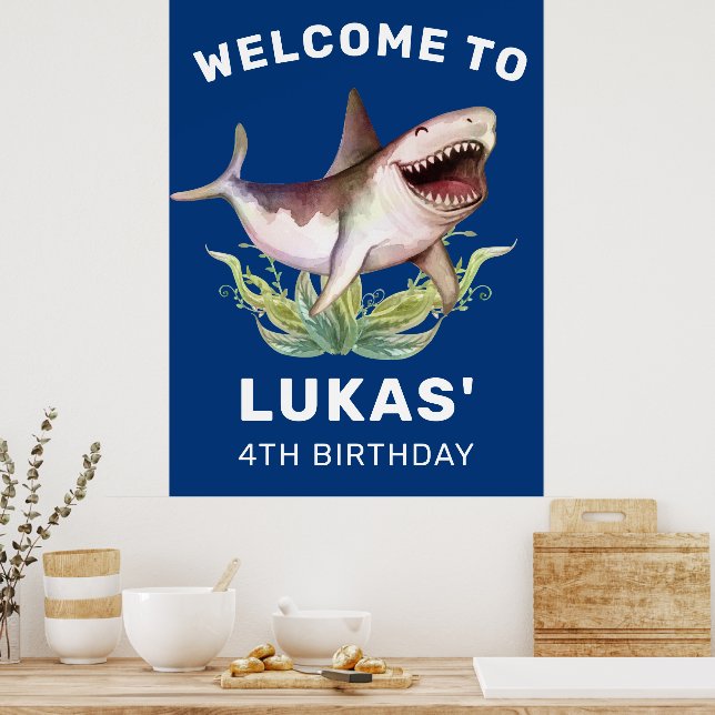 Kids Funny Shark Blue Birthday Party Welcome Poster (Kitchen)