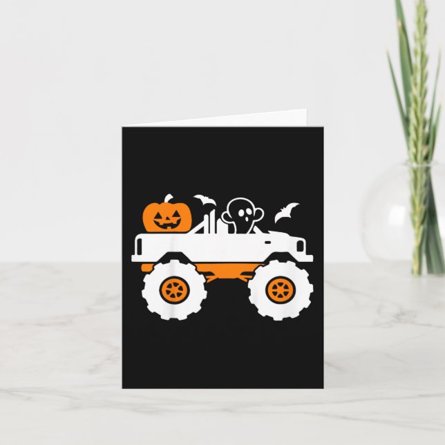 Kids Ghost Pumpkin Riding Monster Truck Lazy Hallo Card (Front)