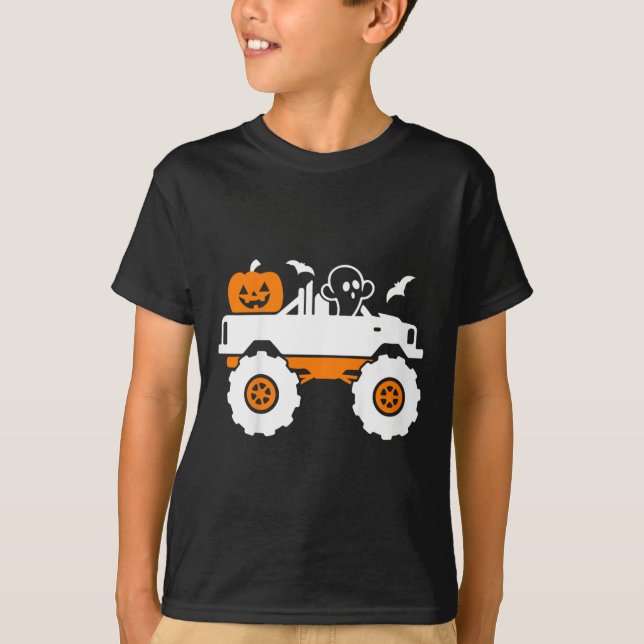Kids Ghost Pumpkin Riding Monster Truck Lazy Hallo T-Shirt (Front)
