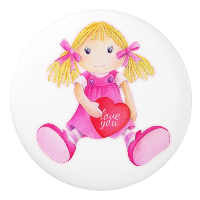 Kids girl rag doll watercolor art knob handle (Front)
