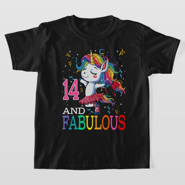 Kids Girls 14th Birthday Unicorn Fabulous 14 Years T-Shirt (Laydown)