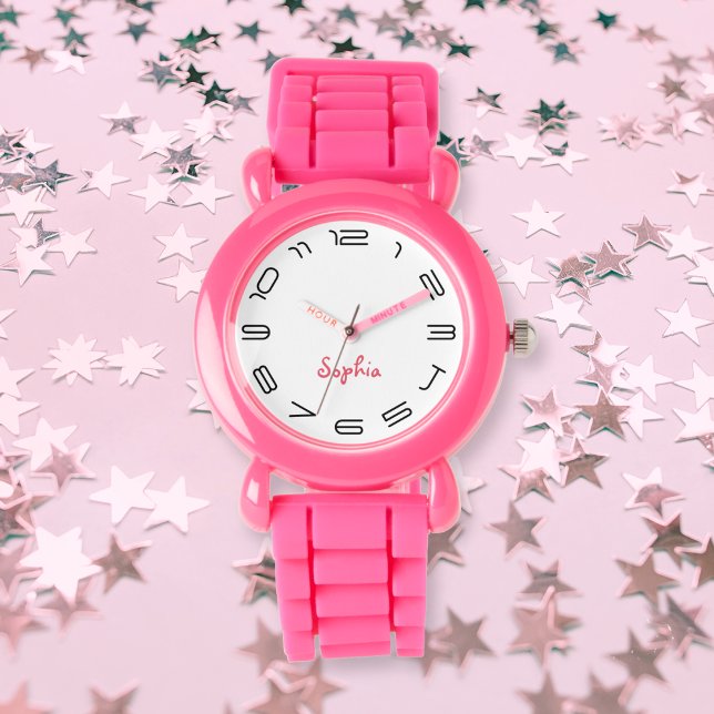 Kids Girls Modern Chic Pink Custom Name Monogram Watch (Kids Girls Modern Chic Pink Custom Name Monogram Watch)