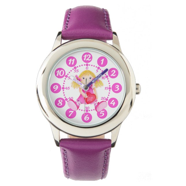 Kids girls pink, red & white doll art wrist watch (Front)