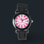 Kids girls pink & white add your name wrist watch<br><div class="desc">Graphic art kids watch featuring a simple pink butterfly on a white background. Great for school age girls learning to read a clock as features both minutes and hours numbers in clear bold pink. Customise with your child's name example reads Sapphire.</div>